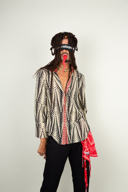 Tribal feather blouse in black and off white with red collar