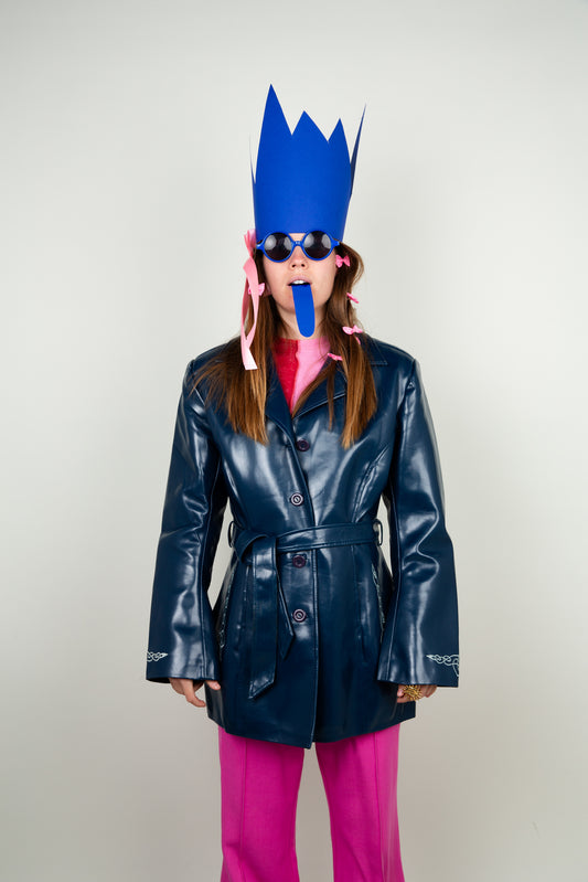 Shiny faux latex coat - with deep navy tint