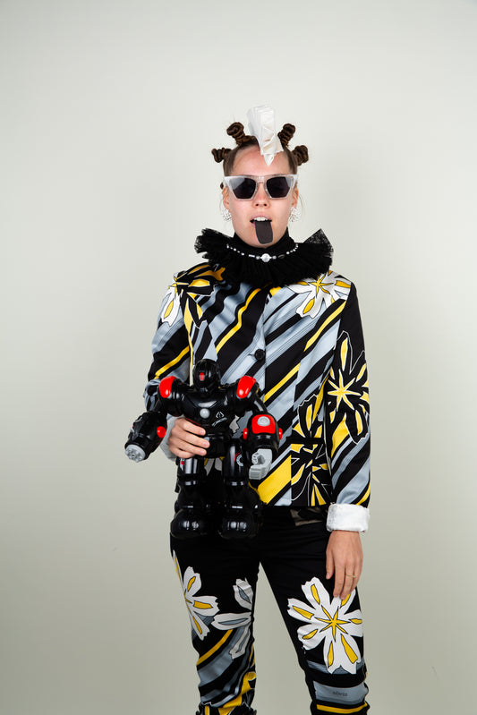 Architype blooming suit with graphic floral print in black, white & yellow