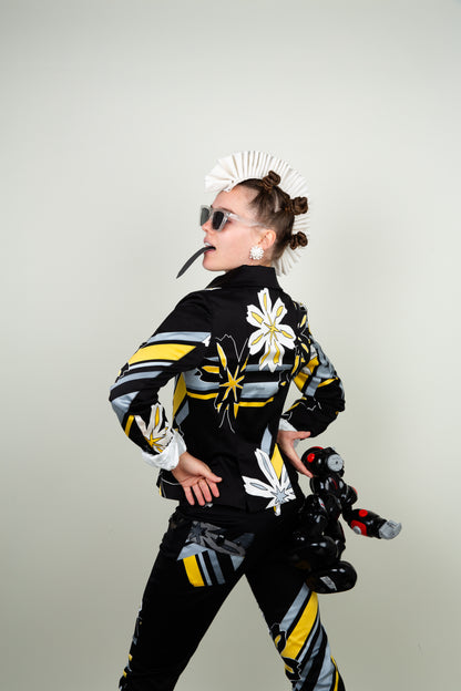 Architype blooming suit with graphic floral print in black, white & yellow