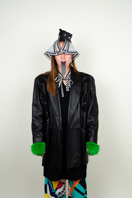 Black leather patchwork shoulder jacket - with big front pockets