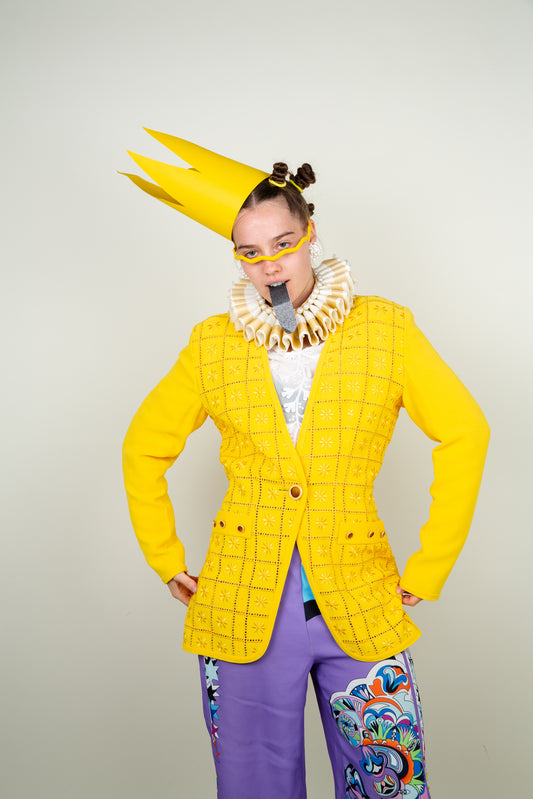 The square floral texture blazer in vibrant yellow with wooden buttons