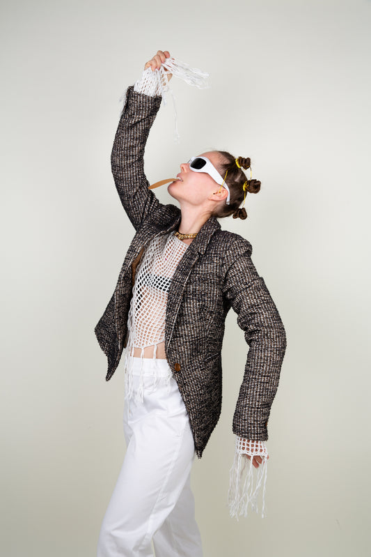 Micro tweed blazer in black, brown and white patterns