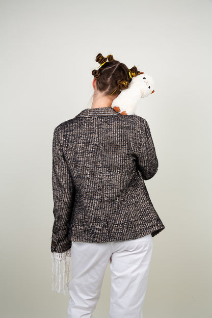 Micro tweed blazer in black, brown and white patterns