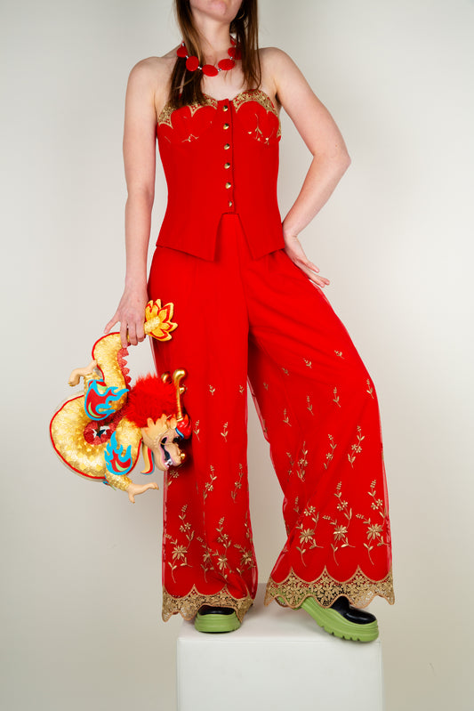 The embroidery red set corset & pants with gold details (full set)