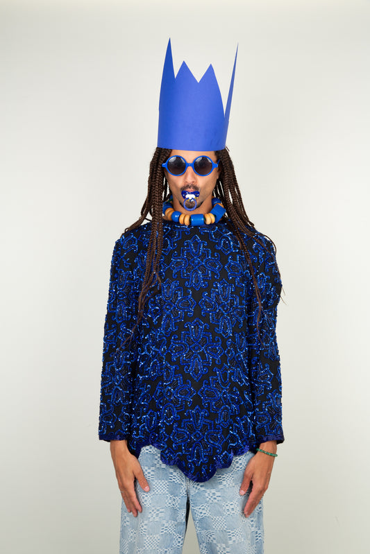 The silk long vest with thousand blue beads & pailettes