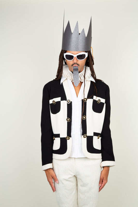 The square white block print blazer jacket - with gold button details