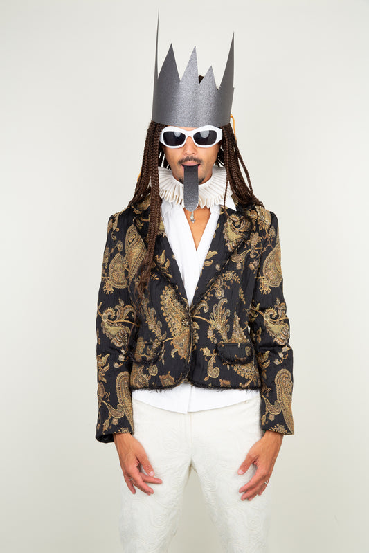 Royal Paisley blazer with gold threads and soft ruffle detail