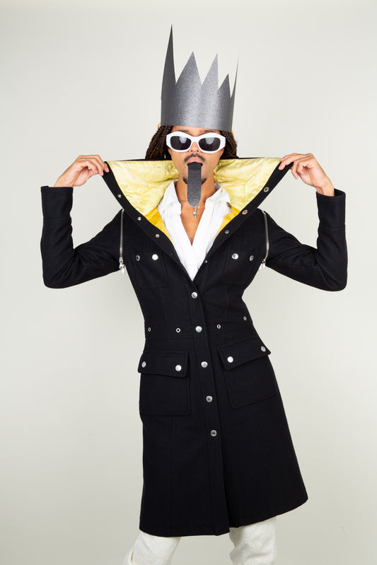 The Dolce & Gabbana black yellow collar coat with adjustable sleeves and silver details