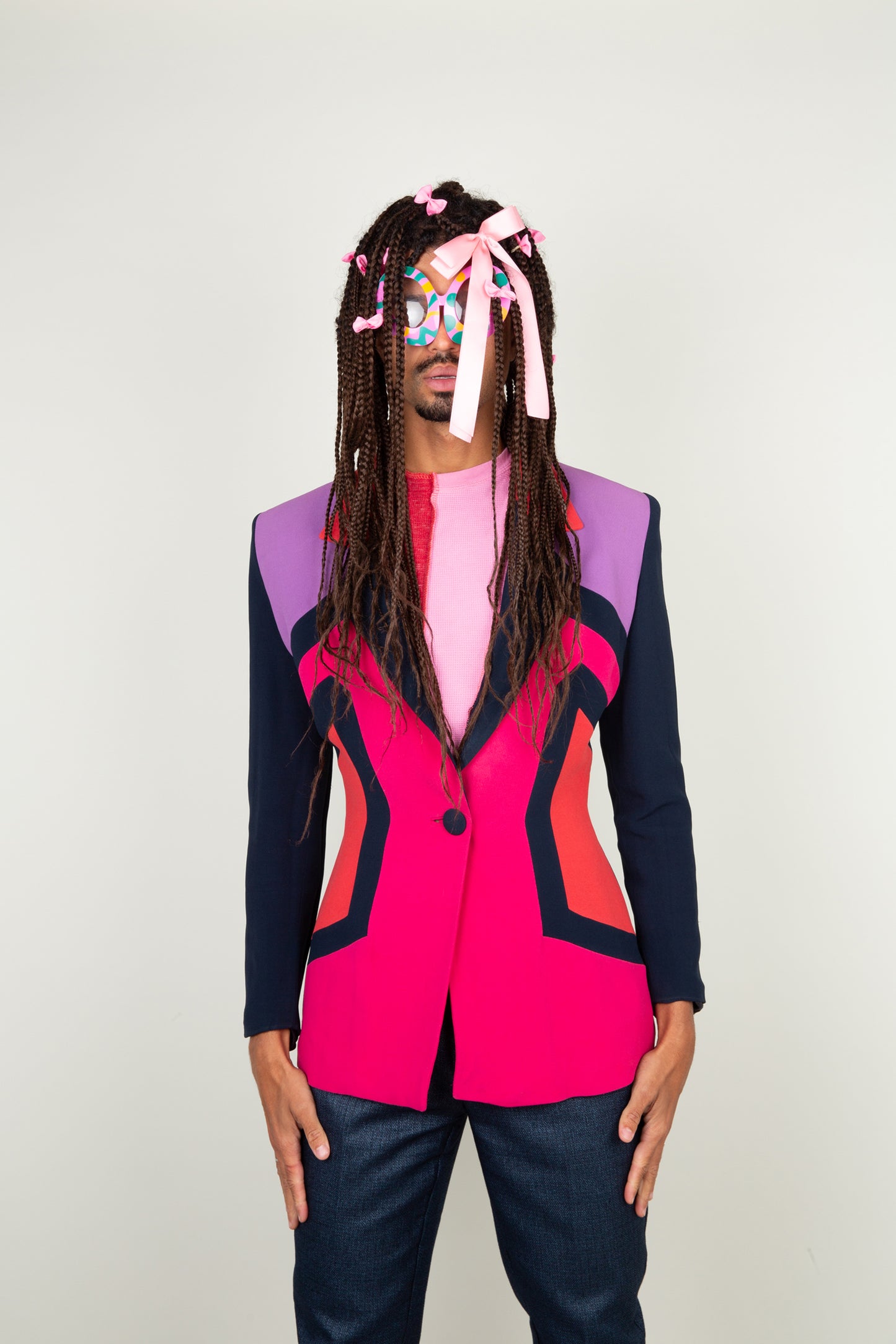 The Retro multicolor pop art blazer with neon pink, coral red, lilac and navy blue tints