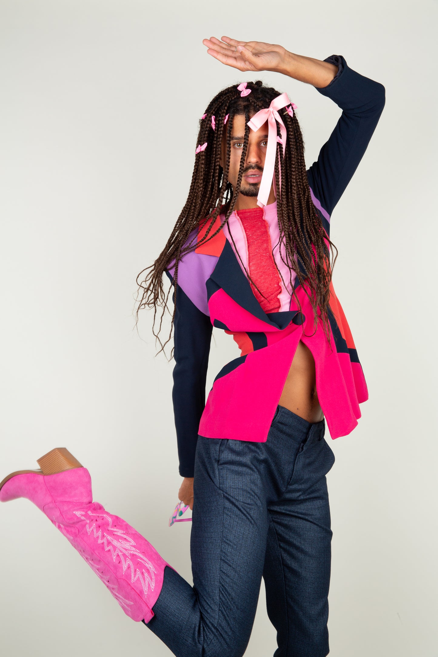 The Retro multicolor pop art blazer with neon pink, coral red, lilac and navy blue tints