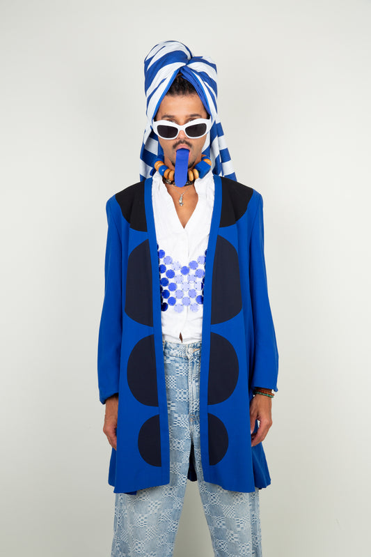 Long cardigan in hard blue with circular shapes - Pierre Cardin